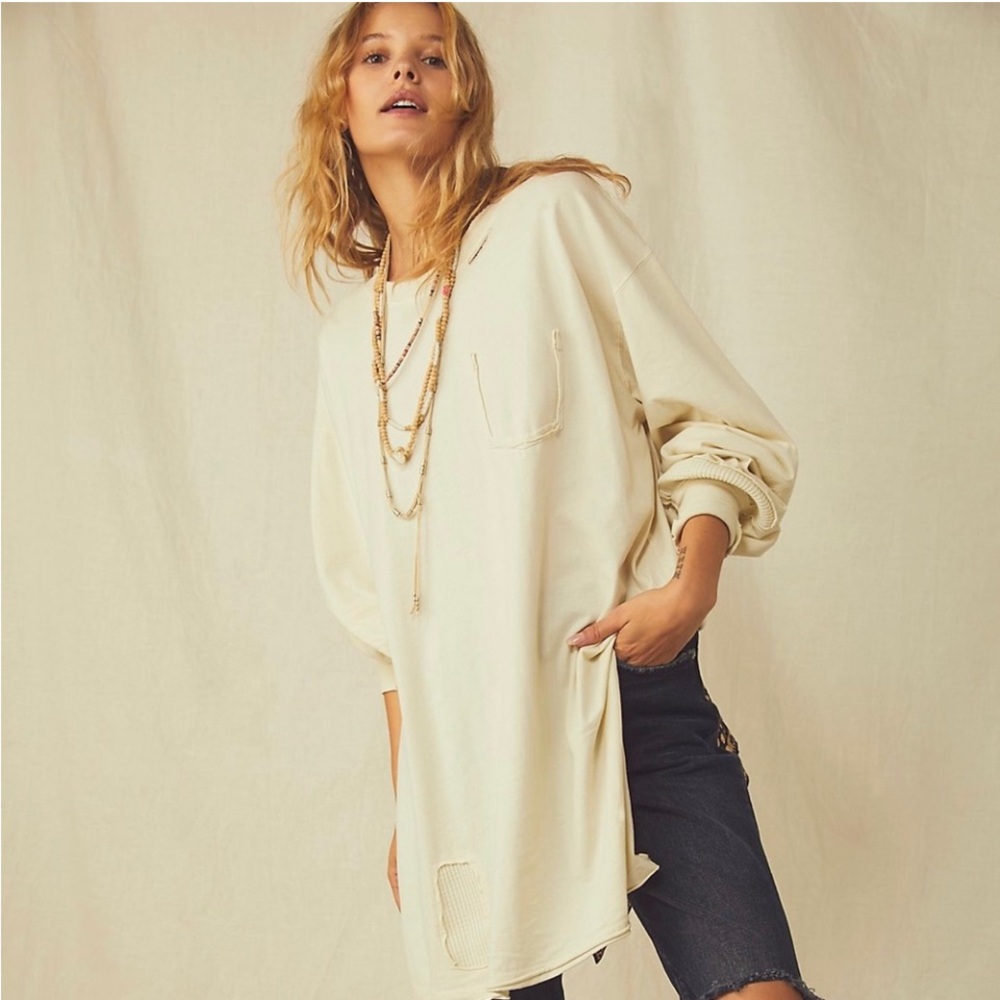 We The Free Oversized Slouchy Distressed Boho Juno Long-Sleeved Tee-Shirt Sz Med